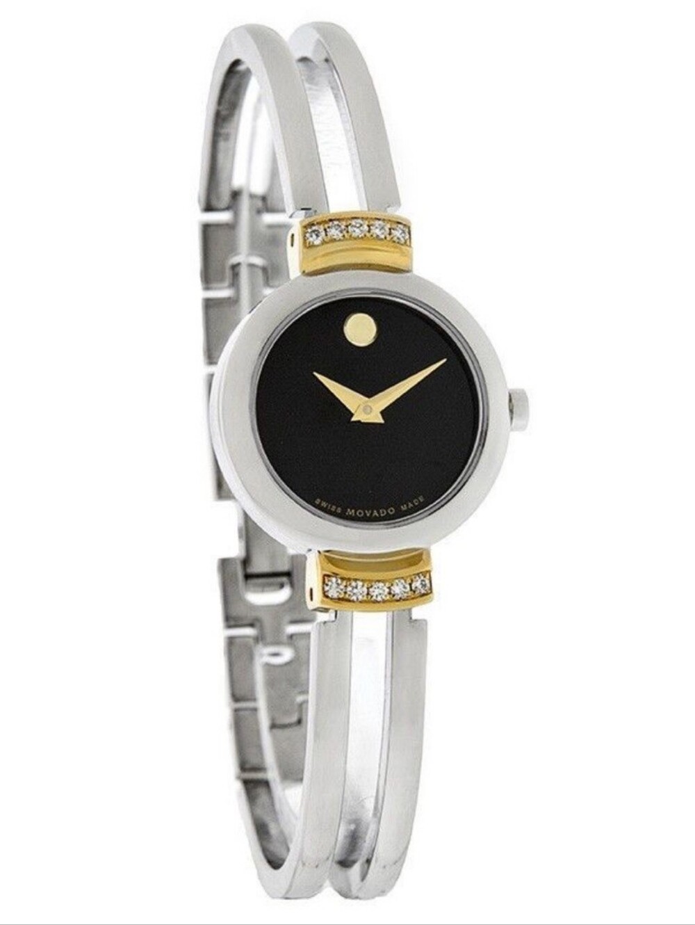 Movado Two-Tone Black Dial Bangle Watch with Crystal Accents